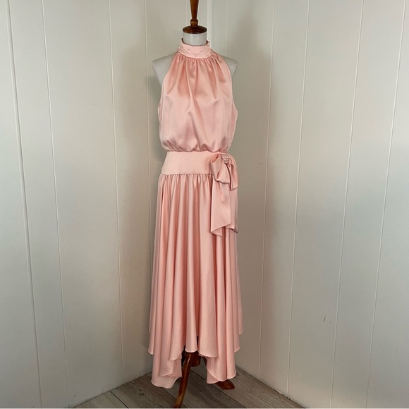 Vintage Beaded Mock Neck Sleeveless Bow Asymmetrical Midi Dress - Picture 1 of 11